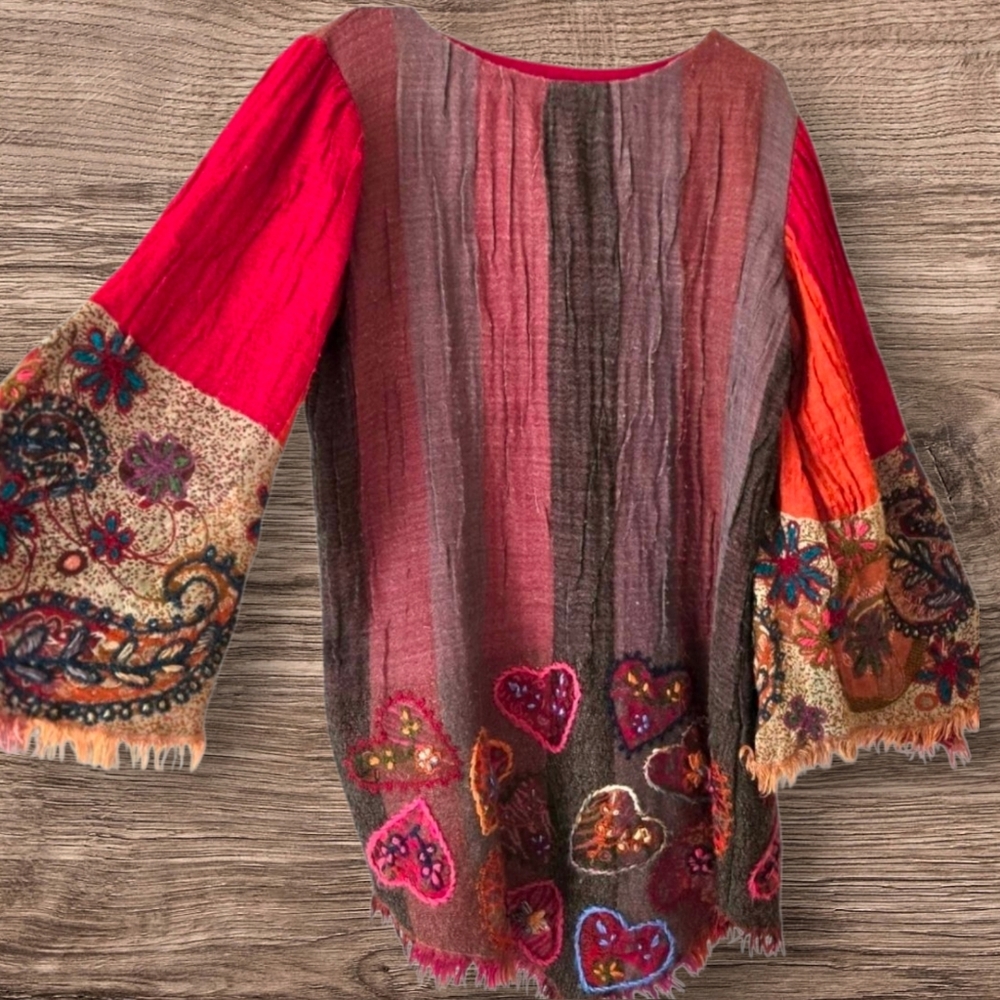 Kashmir Hut Red Gray Tunic Embroidered Bell Sleeve Bohemian Forest Fairy / XL - Picture 4 of 10